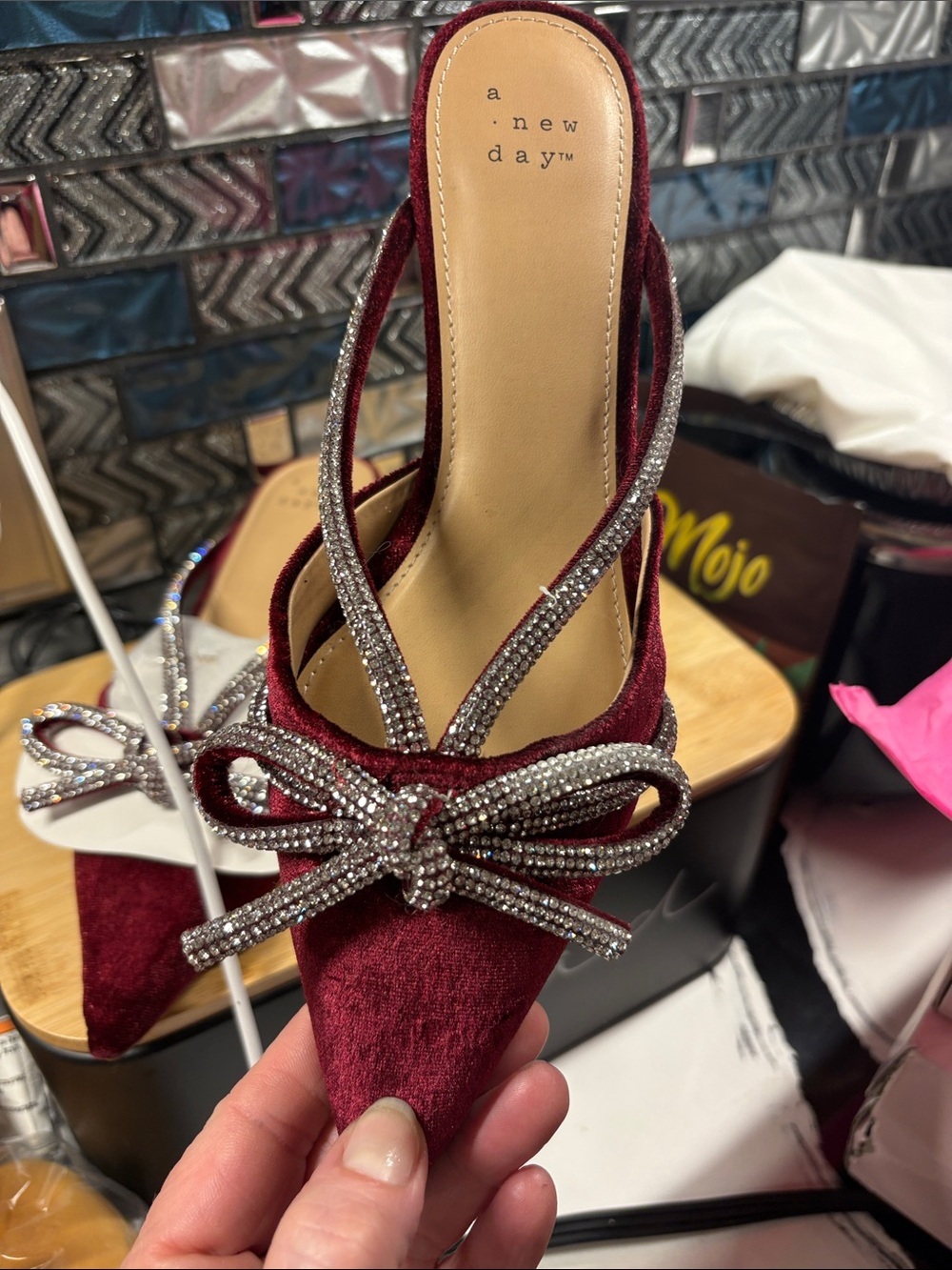a new day Burgundy Velvet Pointed Mules with Crystal Bow Trim - Picture 2 of 6
